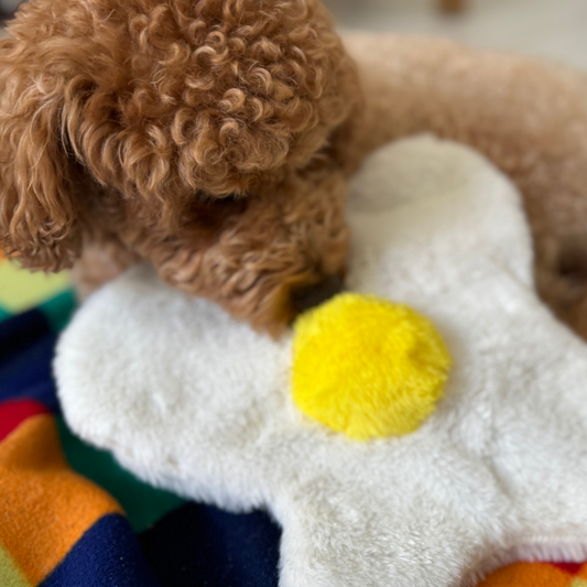 WufWuf Sunny-Side Squeak: The Fried Egg Plush Dog Toy
