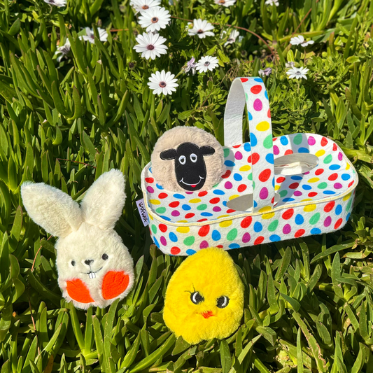 WufWuf Spring Basket: Lamb, Bunny & Chick Hide and Seek Dog Toy Set with Plush, Squeaky, Crinkle Features