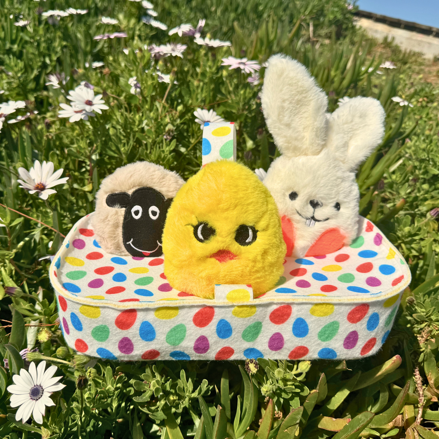 WufWuf Spring Basket: Lamb, Bunny & Chick Hide and Seek Dog Toy Set with Plush, Squeaky, Crinkle Features