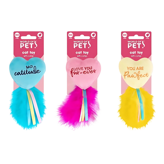 Heart-Shaped Catnip Cat Toy Trio with Feathers - 3 Bright Colours