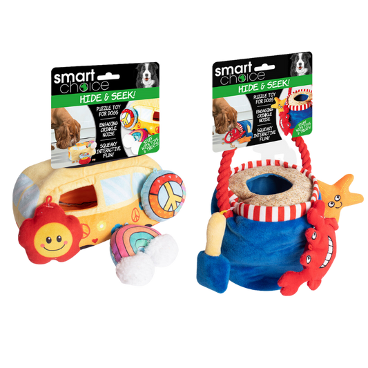 Smart Choice, Crinkle Bucket and Crinkle Hippy Bus Hide & Seek Dog Toy, 2 Packs