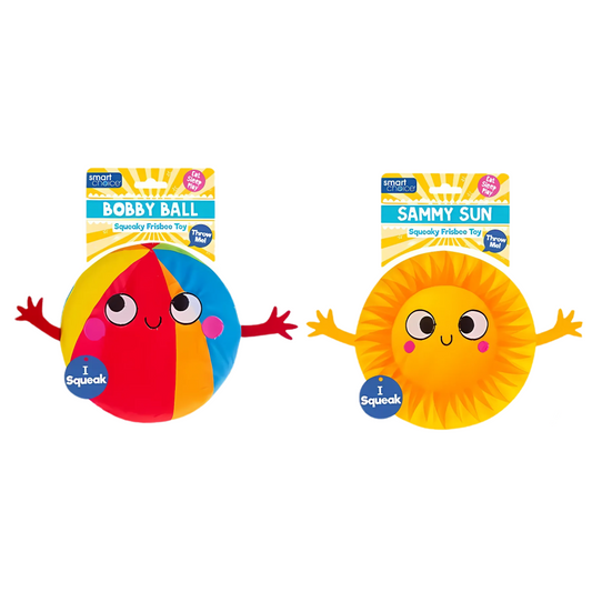 Smart Choice Squeaky Plush Dog Frisbee Toy – 18cm – Beach Ball & Sun Designs