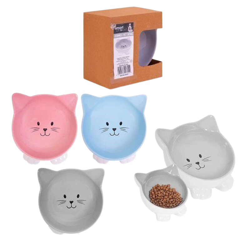 Smart Choice Ceramic Cat Face Pet Bowl x 3 Pack