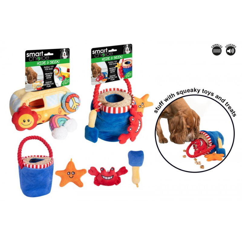 Smart Choice, Crinkle Bucket and Crinkle Hippy Bus Hide & Seek Dog Toy, 2 Packs