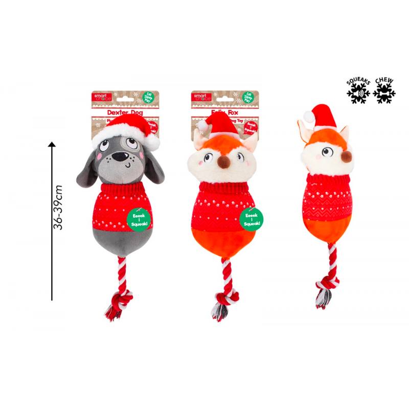 Smart Choice Christmas Squeaky Plush Rope Dexter Dog & Felix Fox Dog Toy, 2 Pack