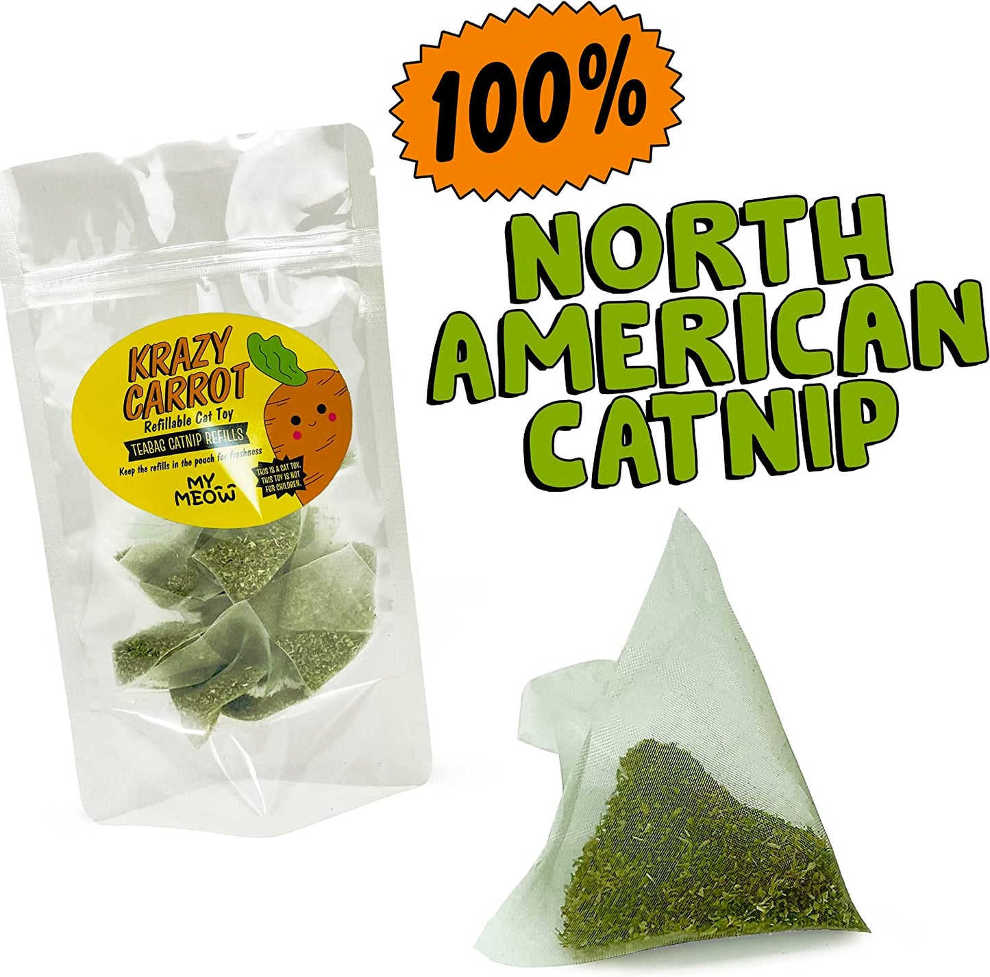 MyMeow - Krazy Carrot Refillable Cat Toy with 10 North American Natural Catnip Refill Bags